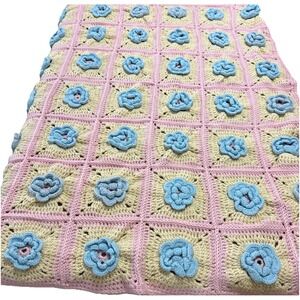 Vintage Pink Blue 3D Rose Square Crochet Blanket Handmade Flower 50x38